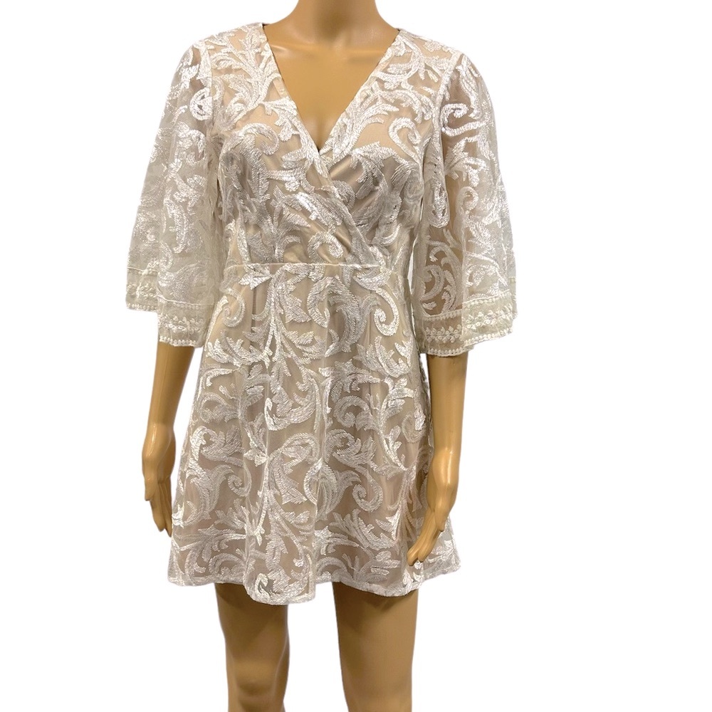 Lulus Celebration Hour Cream Lace Sequin Embroidered Zip Back Mini Dress Medium